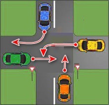در این تقاطع حق تقدم عبور به ترتیب با کدام خودرو می‌ باشد؟