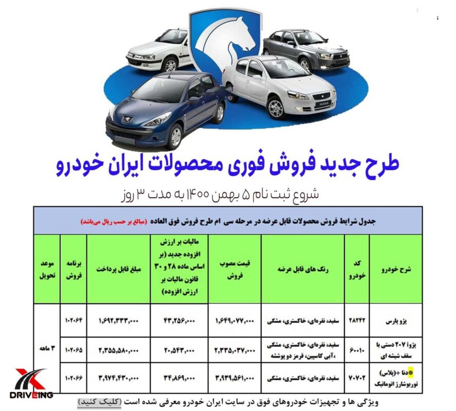 طرح جدید فروش فوری ایران خودرو در 5 بهمن 